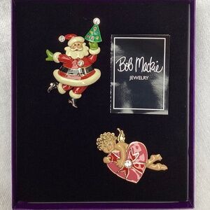 BOB MACKIE 2 piece Brooch set, gold tone, crystals, Santa & Cupid, New in box!